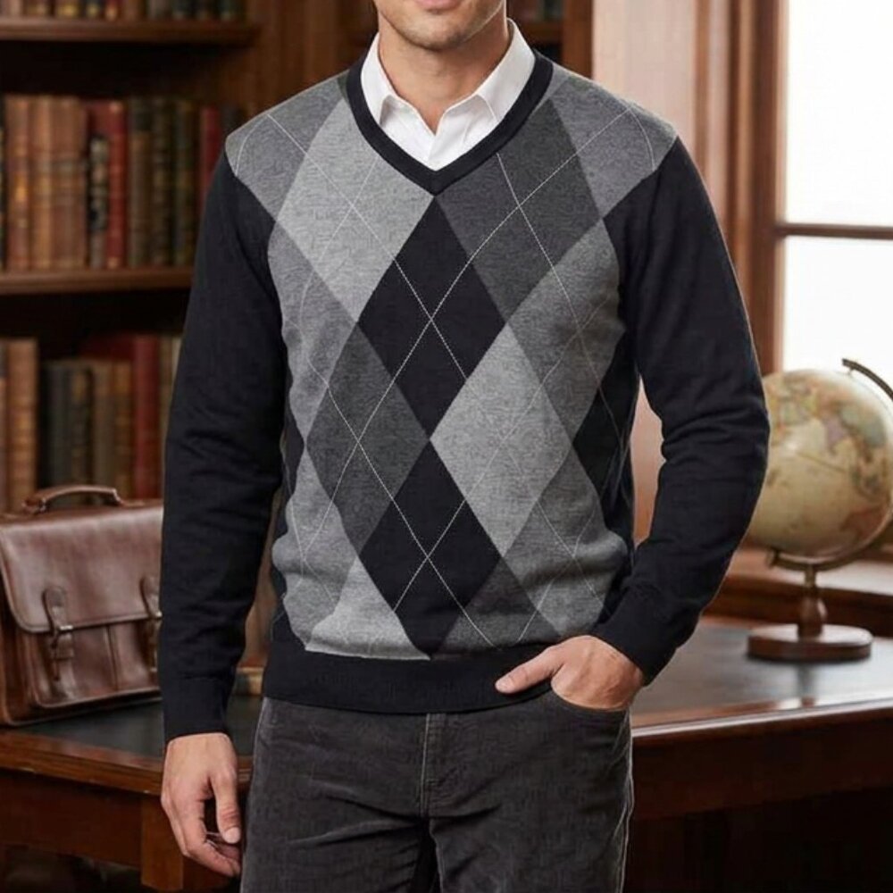 Claiborne Mens LG Black Gray Argyle Cotton V Neck Sweater Preppy Academia